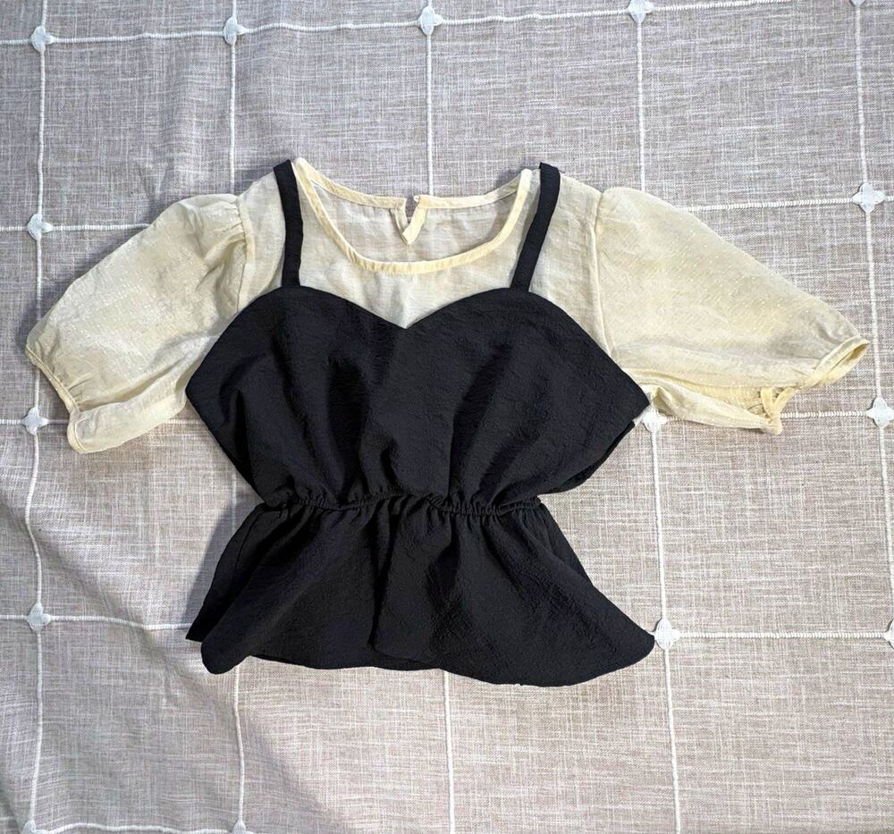 Women's S Black/Beige Solid Chiffon Sheer Puff Sleeve Romantic Peplum